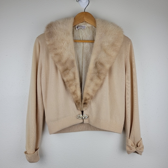 Vintage Sweaters - Vintage 100% Cashmere Cardigan with Genuine Fur Trim
